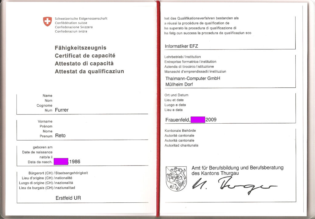 Reto Furrer, Fähigkeitszeugnis Informatiker (EFZ)